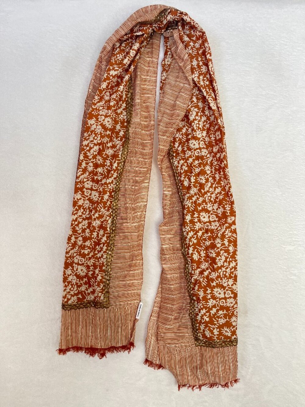 Club Monaco Orange/Gold Studded Bohemian Cotton Scarf 60" Global Travel Floral